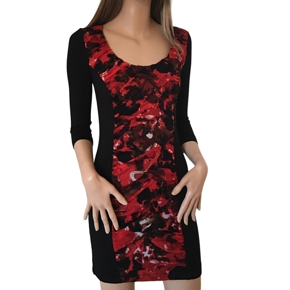 𝅺Vivienne Tam Rayon Mini Dress Mesh Abstract Floral Ruching Ruffles